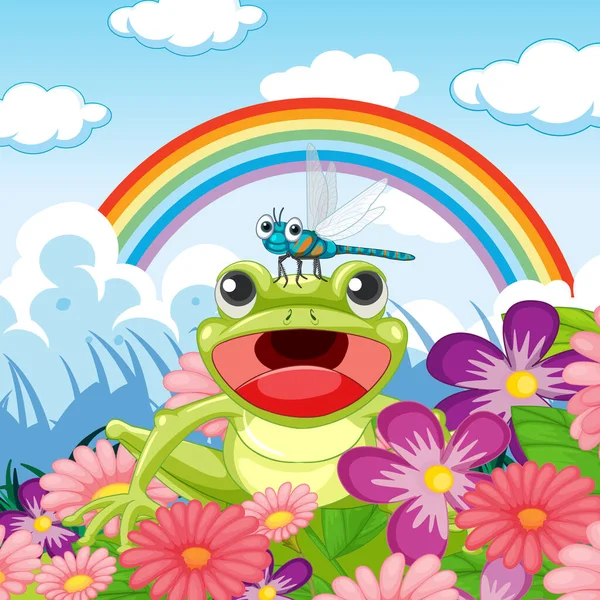 有卡通青蛙和蜻蜓图解的花田 — 图库矢量图片