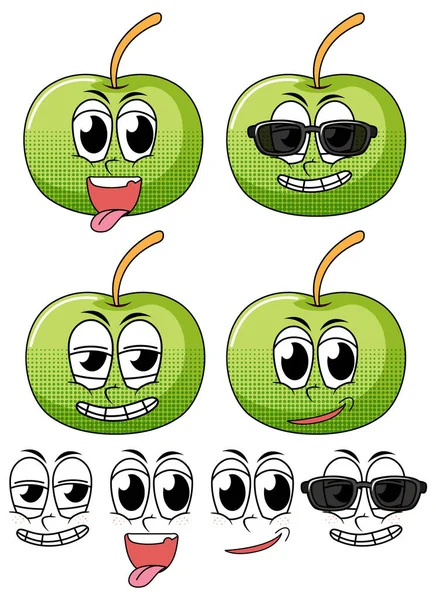 Ensemble Expression Faciale Style Vintage Dessin Animé Avec Pomme Sur — Image vectorielle