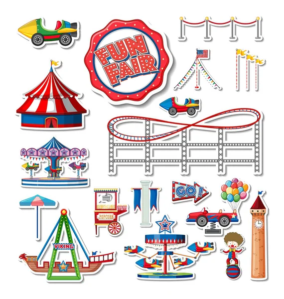 Sticker Set Amusement Park Objects Cartoon Characters Illustration —  Vetores de Stock