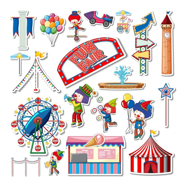 Sticker Set Amusement Park Objects Cartoon Characters Illustration — Vettoriale Stock