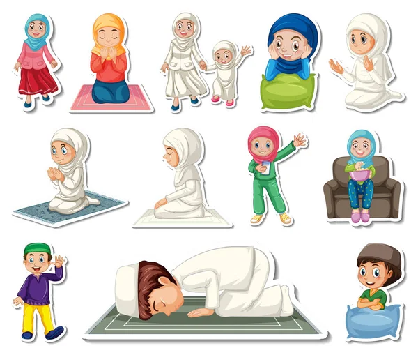 Sticker Set Islamic Religious Symbols Cartoon Characters Illustration — Archivo Imágenes Vectoriales