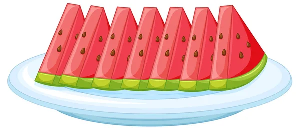 Sliced Watermelon Plate Cartoon Illustration — Stok Vektör