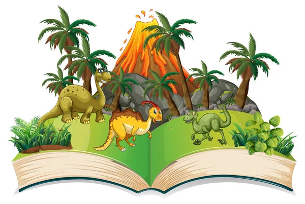 Libro Abierto Con Varios Dinosaurios Ilustración Dibujos Animados — Vector de stock