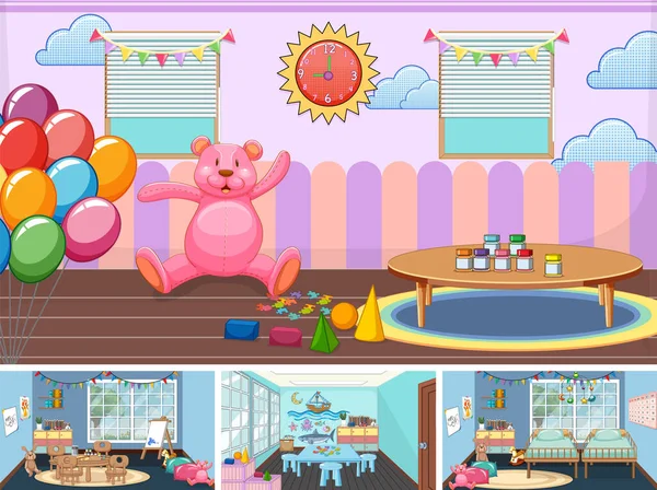 Farklı anaokulu sahneleri çizimleri.