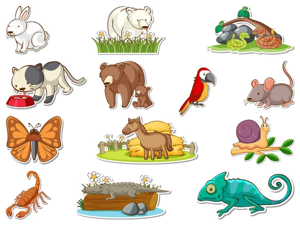Adesivo Conjunto Desenhos Animados Animais Selvagens Ilustração — Vetor de Stock