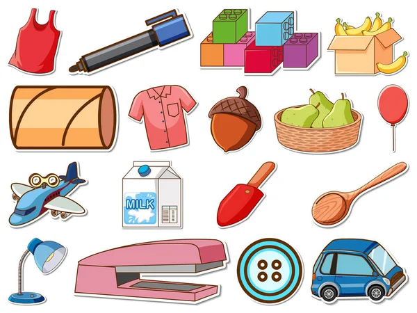 Sticker Set Mixed Daily Objects Illustration — 스톡 벡터