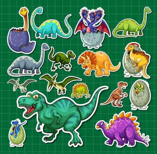 Aufkleber Set Von Verschiedenen Dinosaurier Cartoon Figuren Illustration — Stockvektor