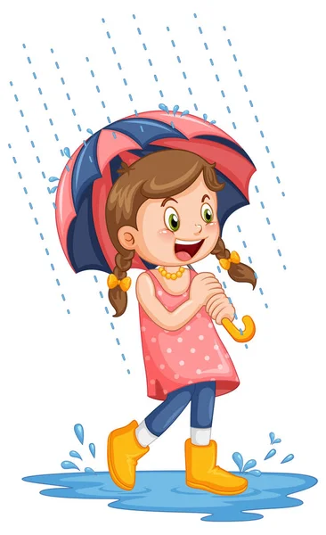 Cute Girl Holding Umbrella Illustration — Stock Vector
