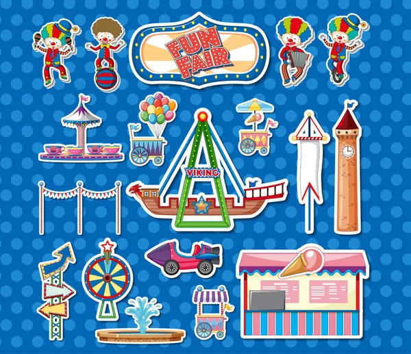 Sticker Set Amusement Park Objects Cartoon Characters Illustration — Image vectorielle