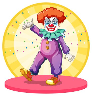 Çizgi film palyaçosu sahnede gösteri yapıyor.