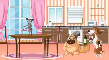 Evde köpeklerle şarap resimlerini içerken.
