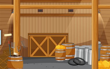 Inside the barn with hay and milk barrel illustration