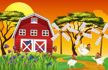 Farm scene with chickens and sunset illustration