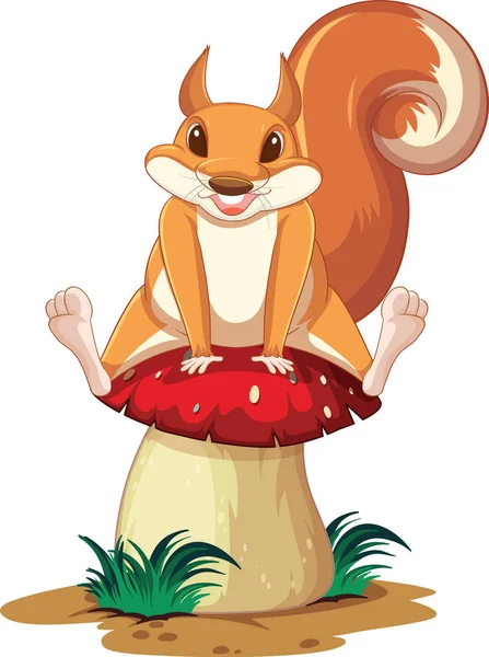 Cute Squirrel Sitting Big Mushroom Illustration — Image vectorielle