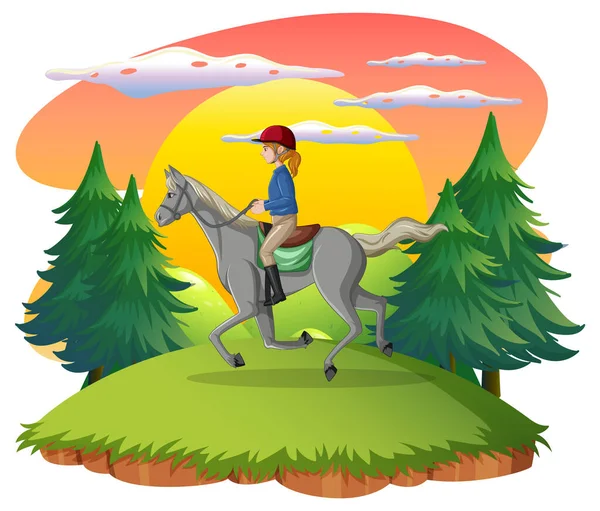 Ein Mädchen Reitet Auf Einem Pferd Bei Natürlichen Szene Illustration — Stockvektor