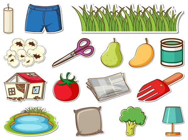 Sticker Set Mixed Daily Objects Illustration — Stockvektor