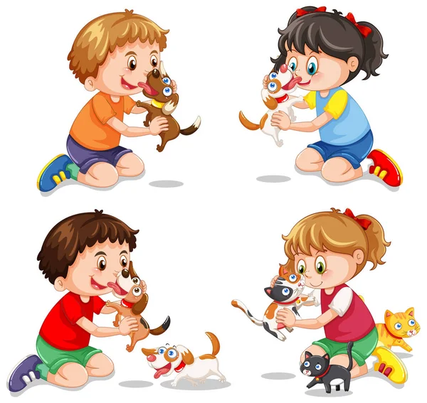 Set Children Playing Dogs Illustration — Vector de stock