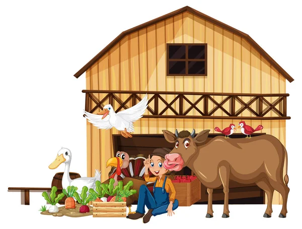 Many Farm Animals Farmer Illustration — Stockvector