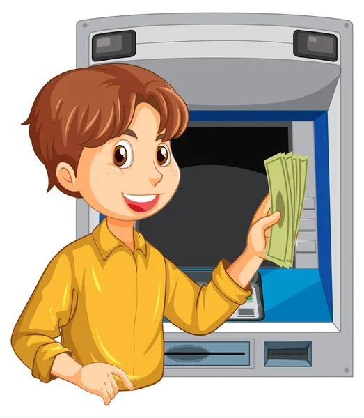 Man Withdraw Money Atm Illustration — Archivo Imágenes Vectoriales