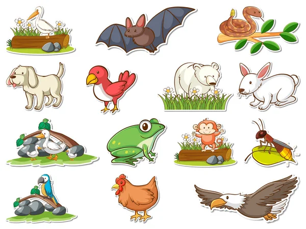 Etiqueta Engomada Conjunto Dibujos Animados Animales Salvajes Ilustración — Vector de stock