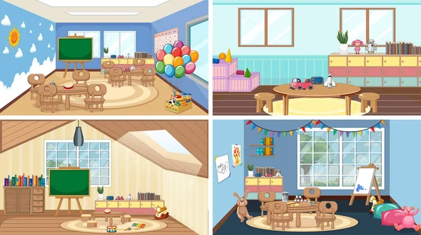 Set Different Kindergarten Classroom Scenes Illustration — Stok Vektör