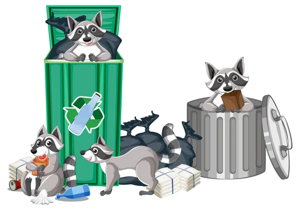 Raccoons Searching Food Trashcans Illustration — ストックベクタ