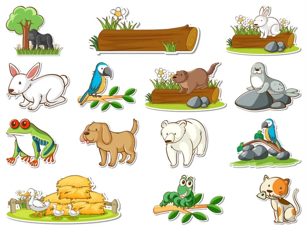 Sticker Set Cartoon Wild Animals Illustration — Stockvector