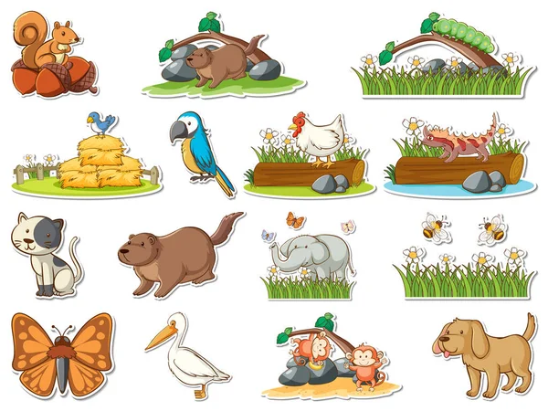 Sticker Set Cartoon Wild Animals Illustration — Stockvektor