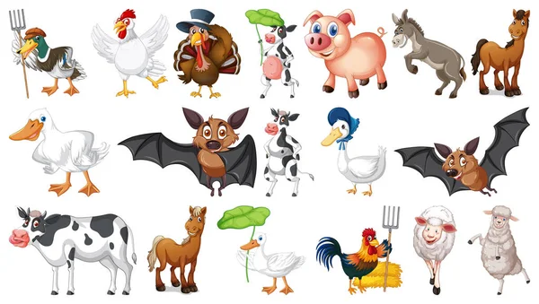 Muitos Animais Fazenda Fundo Branco Ilustração —  Vetores de Stock