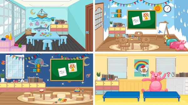 Set Different Kindergarten Classroom Scenes Illustration — Vettoriale Stock