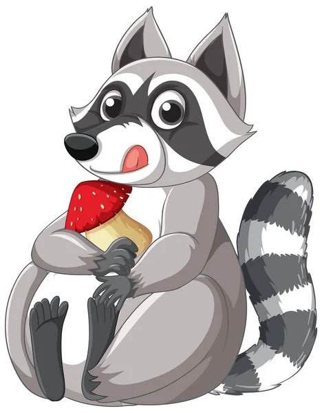Cute Cartoon Raccoon Sitting Mushroom White Background Illustration — Image vectorielle
