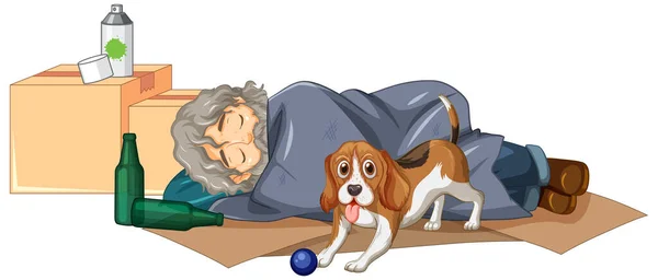 Homeless Old Man Sleeping Dog Illustration — Stok Vektör