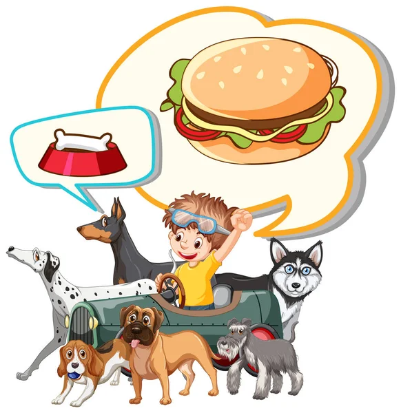 Jongen Met Veel Honden Denken Aan Voedsel Illustratie — Stockvector