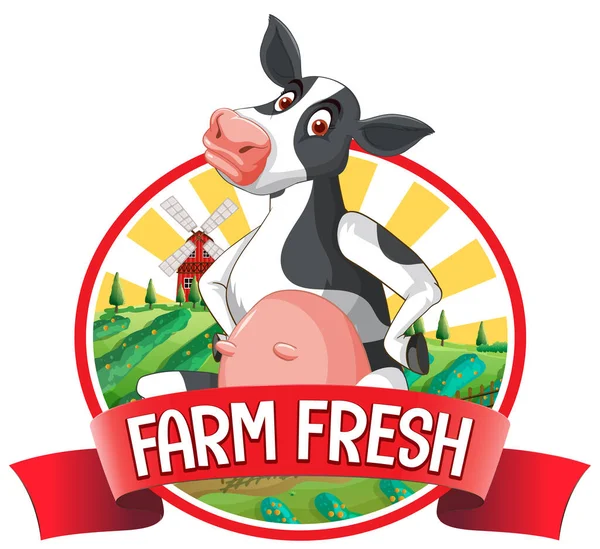 Cartoon Cow Farm Fresh Label Illustration — Stock Vector