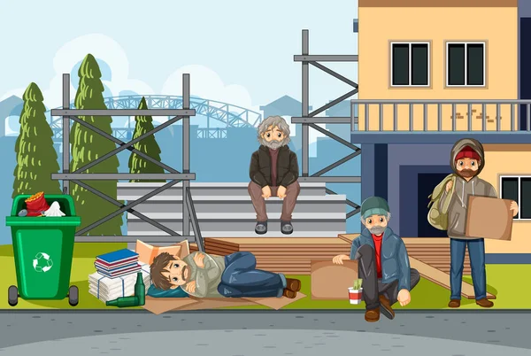 Evsiz insanların resimli olduğu açık hava sahnesi