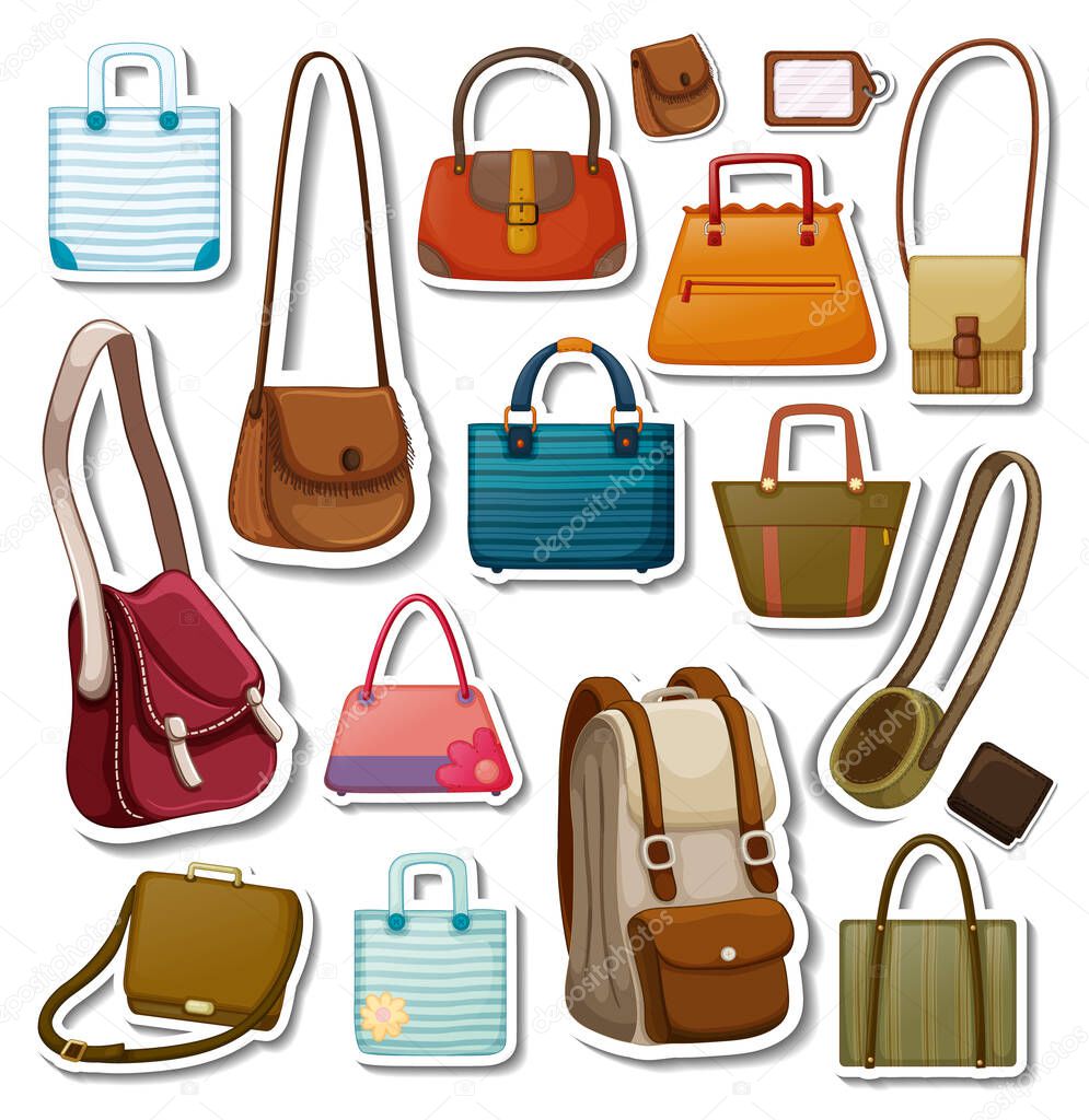 Sticker set of different bags and accessories illustration