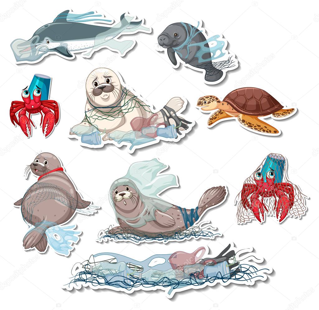Sticker pack of different sea animals stuck in plastic illustration