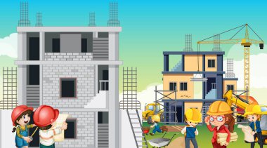 İnşaat şantiyesi ve işçi illüstrasyonu