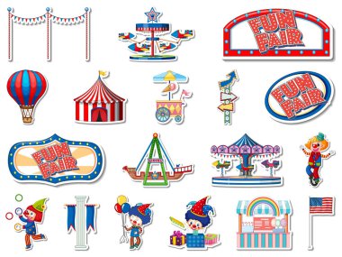 Eğlence parkı çıkartması ve eğlenceli nesneler çizimi