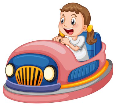 Little girl driving bumper car in cartoon design illustration