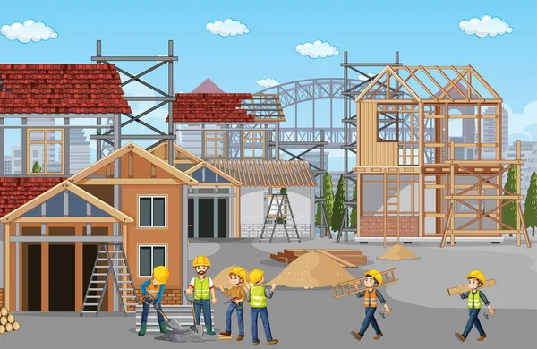 Construcción Obra Con Ilustración Los Trabajadores — Vector de stock