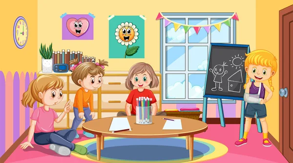 Kindergarten Classroom Scene Children Illustration — Stok Vektör