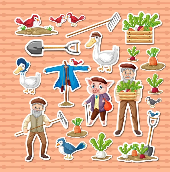 Aufkleber Pack Von Landwirtschaftlichen Objekten Und Alten Bauern Cartoon Figuren — Stockvektor