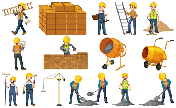 Set Construction Site Objects Workers Illustration — Stock Vector