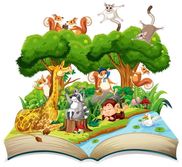 Livre Ouvert Thème Forêt Avec Animal Sur Fond Blanc Illustration — Image vectorielle