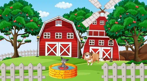 Çiftlik illüstrasyonunda farklı evcil hayvanlar.