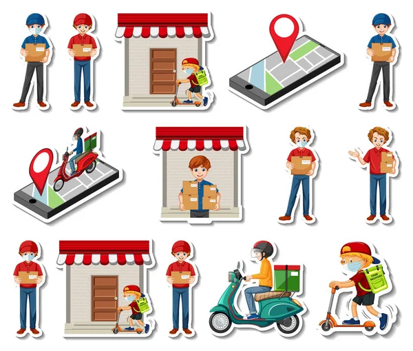 Sticker Set Delivery Objects Cartoon Characters Illustration — Stockvektor