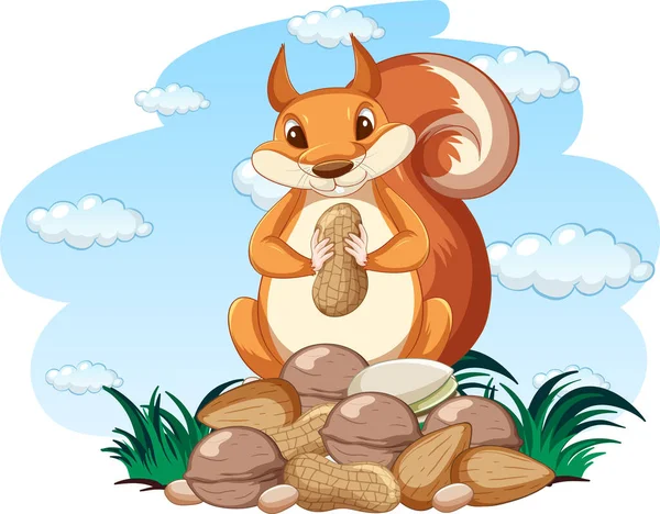 Cute Squirrel Eating Nuts Illustration — Stok Vektör