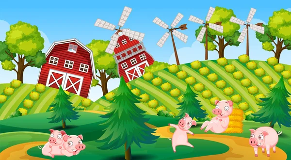 Farm Scene Cute Pigs Illustration — Stock Vector