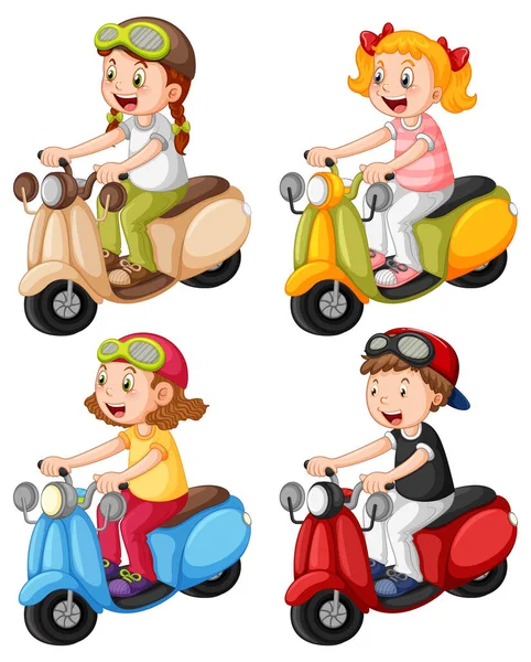 バイクイラストに乗っているさまざまな子供たちのセット — ストックベクタ